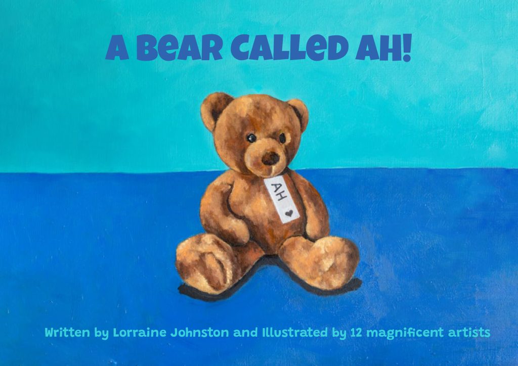Front cover of A Bear Called AH! by Lorraine Johnston, featuring a brown teddy bear wearing a luggage label against a blue background.