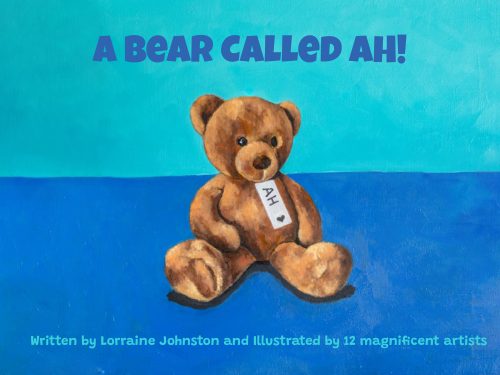 Front cover of A Bear Called AH! by Lorraine Johnston, featuring a brown teddy bear wearing a luggage label against a blue background.