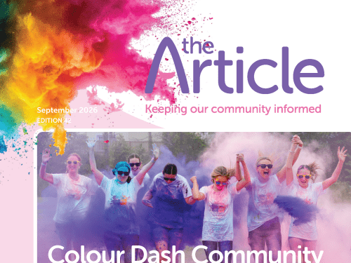 The Article Issue 42 cover, featuring participants running through colourful powder at the Ayrshire Hospice Colour Dash.