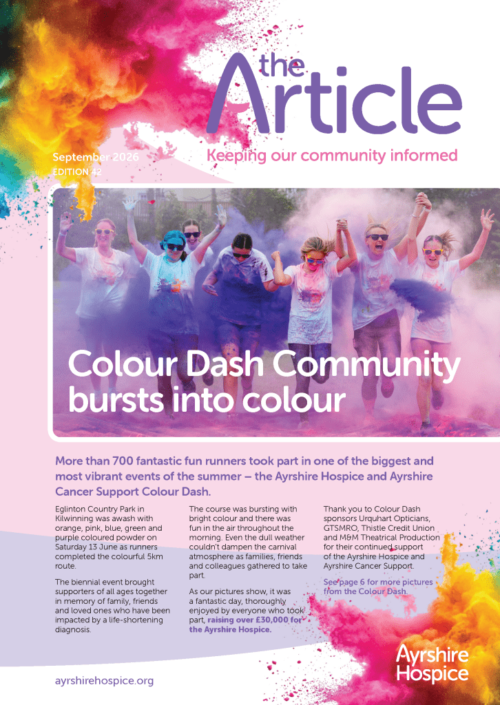 The Article Issue 42 cover, featuring participants running through colourful powder at the Ayrshire Hospice Colour Dash.